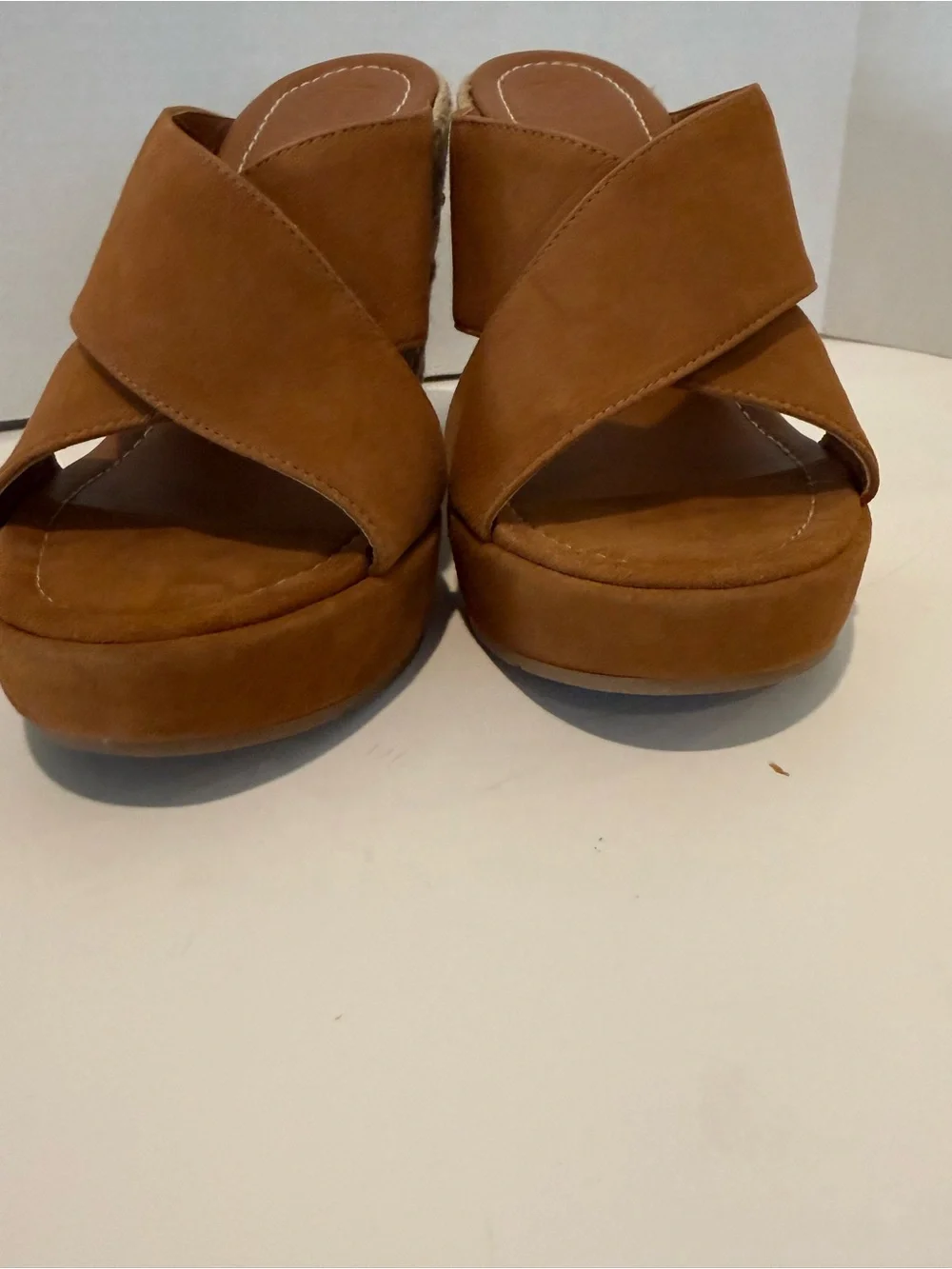 Tory Burch Bailey Espadrille Wedge Sandals 11 Brown Suede Gold Logo High Wedge